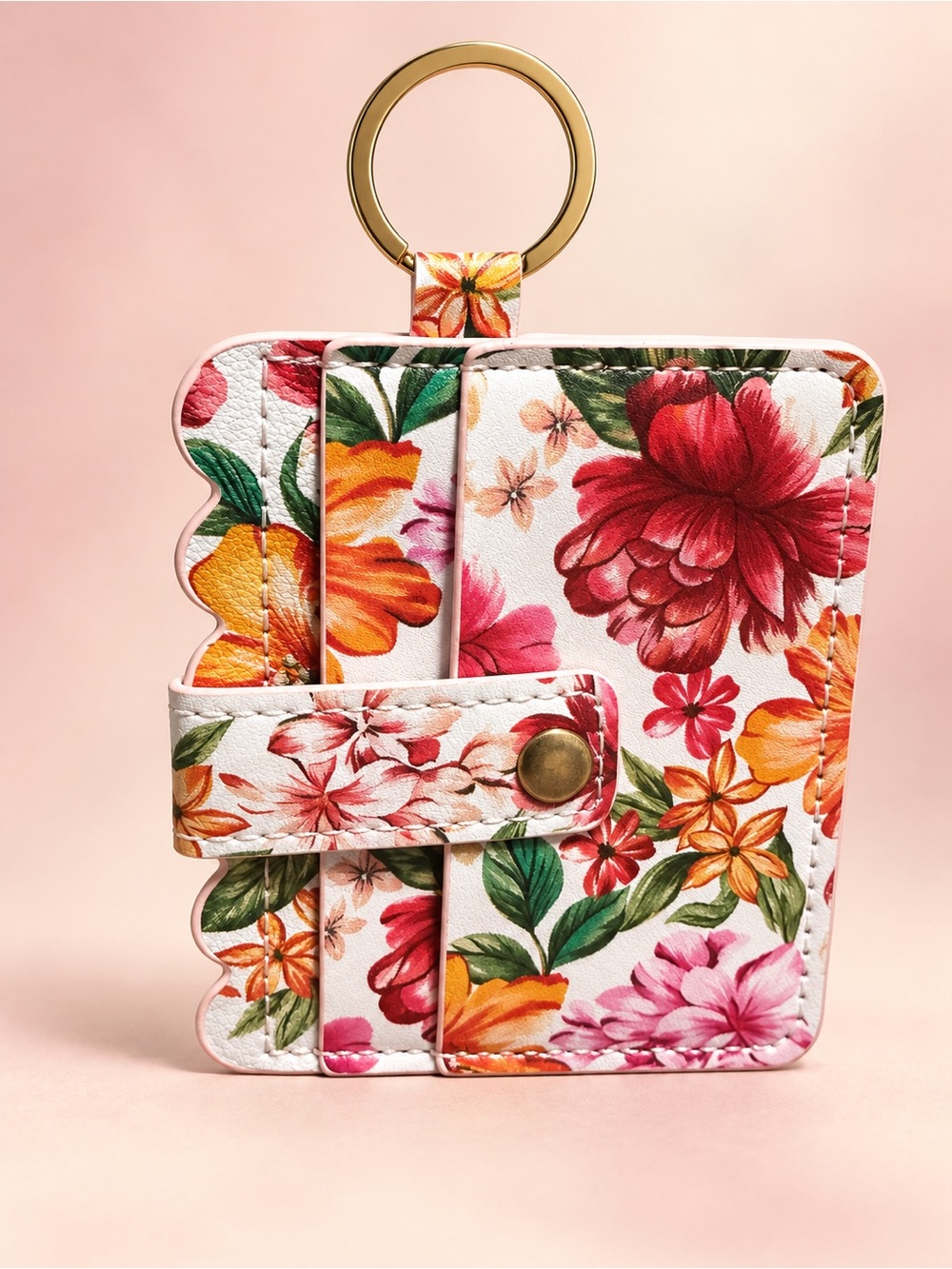 Floral Pattern Cardholder Keyring - Pink & Orange
